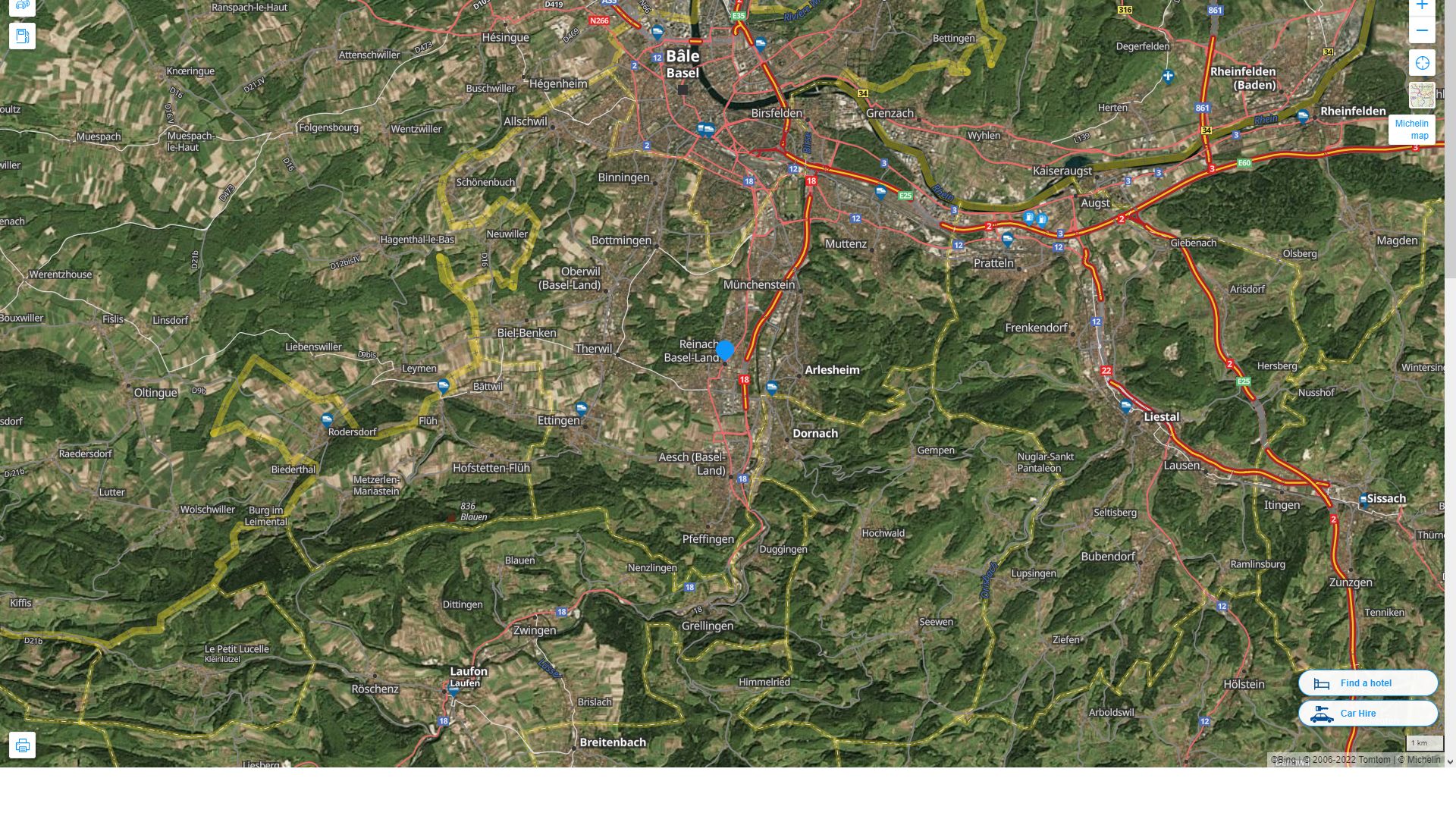 Reinach Suisse Autoroute et carte routiere avec vue satellite